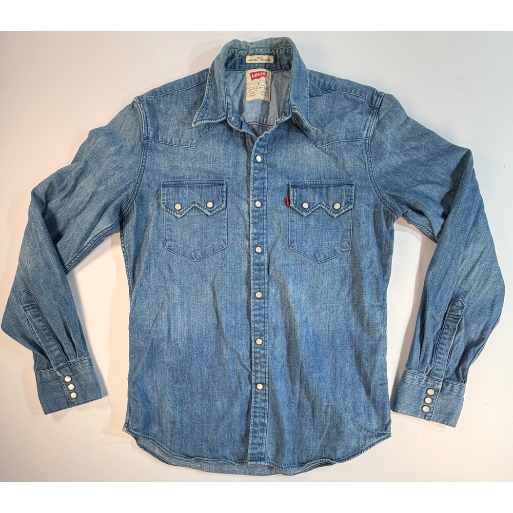 Levis Mens Slim Fit Western Denim Shirt Blue Pearl Snap Long Sleeve Medium